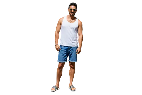 Brazilian man, muscular build, short black hair, thick beard, mustache, sunglasses, tank top, blue denim shorts, flip flops, gold chain necklace, confident posture, hand on hip, bright smile, warm sun