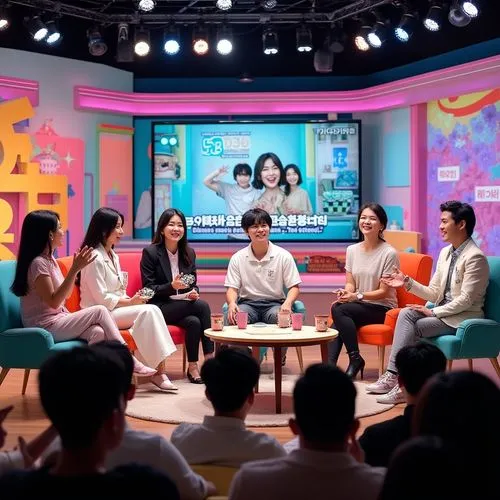 A lively and vibrant set of a Japanese or Korean talk show, designed with bright colors and playful decorations. The background features large, bold graphics, neon lights, and thematic props, such as 