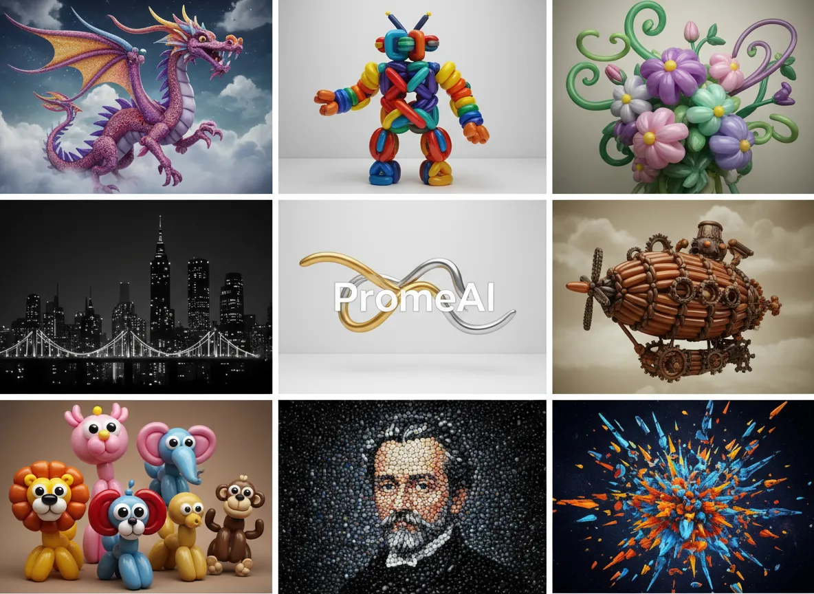 Una griglia di nove diversi stili di arte con palloncini, dal fantasioso al minimalista, che mostra la gamma creativa di PromeAI.
