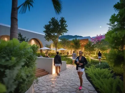 Modern fitness club, sleek architecture, glass faCade, outdoor recreational spaces, lush greenery, vibrant flowers, walking trails, jogging paths, exercise stations, outdoor yoga areas, shaded seating