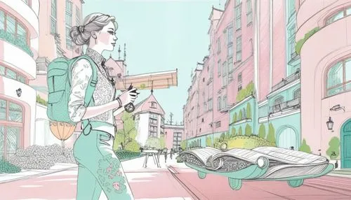 a woman is walking in a city street,prefecture,nodame,principality,prodromal,peregrini,promenade