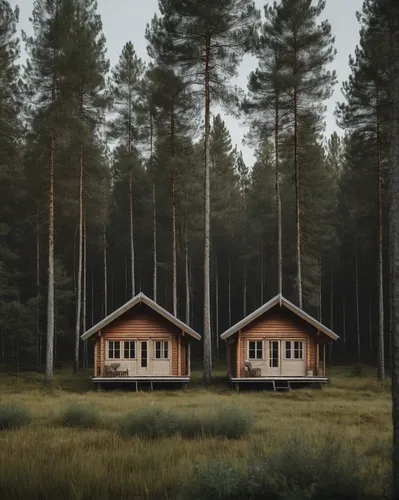two small wood cabin with field view at Finnish landscape, wood and natural tones
,house in the forest,small cabin,log home,log cabin,inverted cottage,wooden houses,the cabin in the mountains,timber h