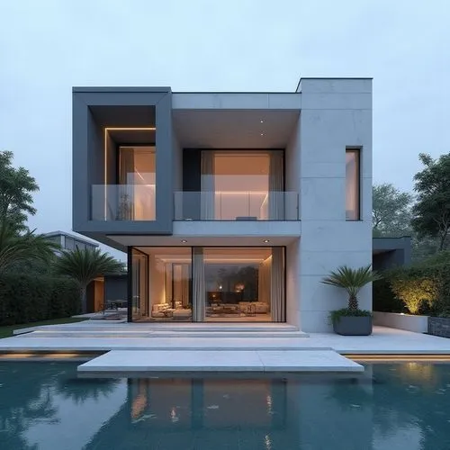 A hyper-realistic, high-resolution architectural photograph capturing a grand, ultra-modern luxury mansion at twilight. The building’s façade is composed of smooth white stone panels contrasted with s