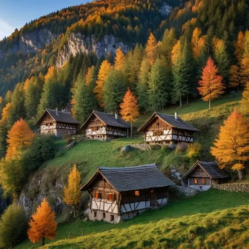 some small medieval huts in a mountain valley. The trees sre avoverd in autumn color leaves. It is dusk and candlelight shines out of the windows,several log cabin buildings near a mountain hillside i