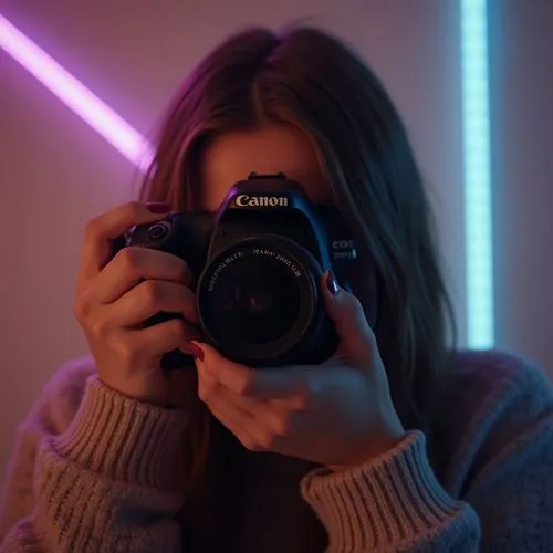 Horror-themed DSLR photo: A warm sepia-toned overlay captures the nostalgic and timeless essence of the scene. The subject is a person with chestnut hair, holding a Canon EOS 200D DSLR camera, poised 