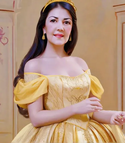 Princess Belle from Disney Beauty and the Beast, yellow ball gown with a fitted bodice with off-the-shoulder sleeves, loose updo hair, wears a golden hairband,princess sofia,snow white,a princess,cind