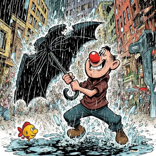 A chaotic and humorous Spanish comic book illustration in the distinct style of Francisco Ibáñez. A funny, expressive character with oversized cartoon eyes and a red nose is desperately holding onto a