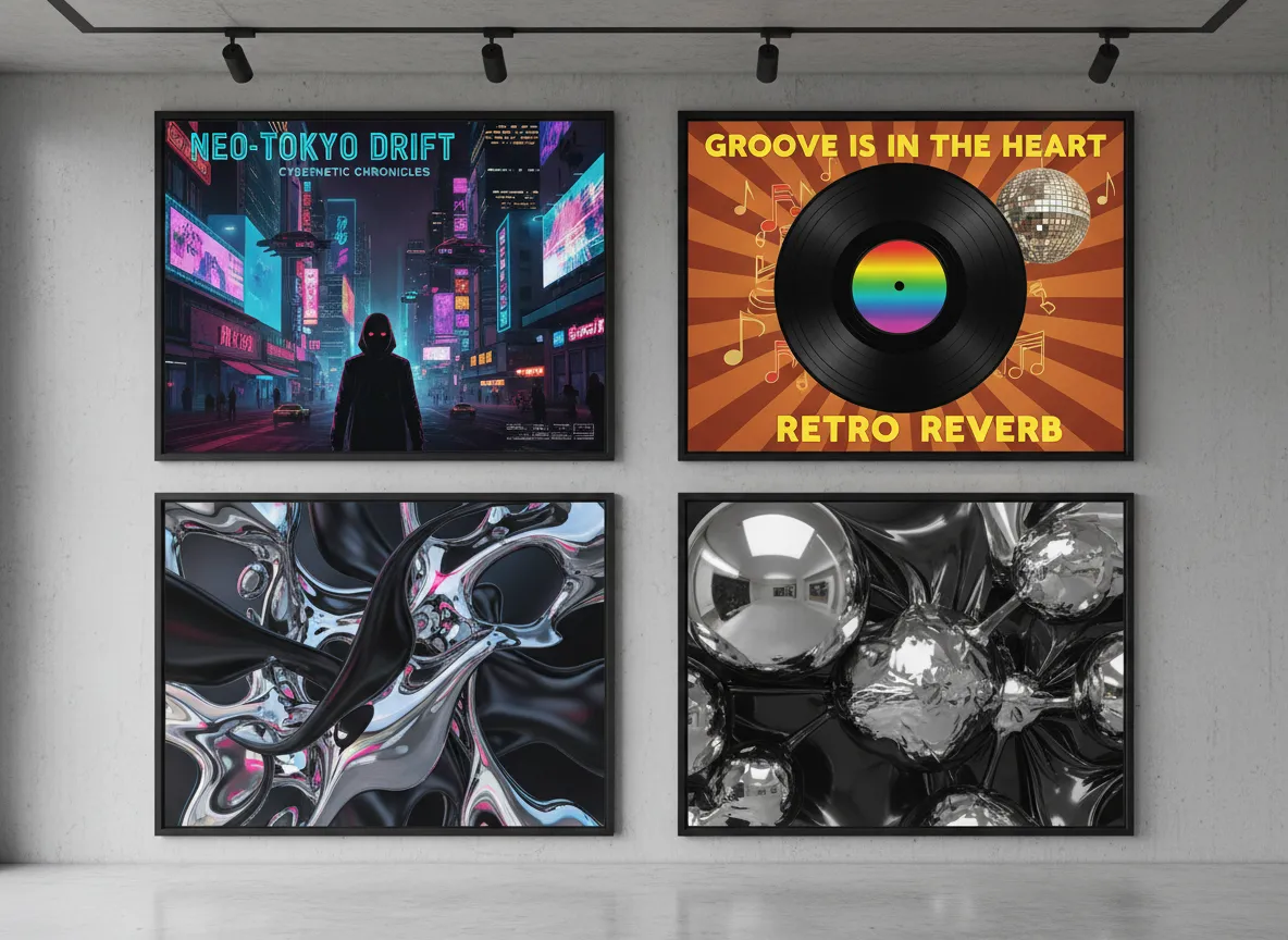 Una galleria di quattro stili di poster diversi: uno con un tema cyberpunk, un altro con un look retrò da vinile, e due con effetti astratti cromo e lattice.