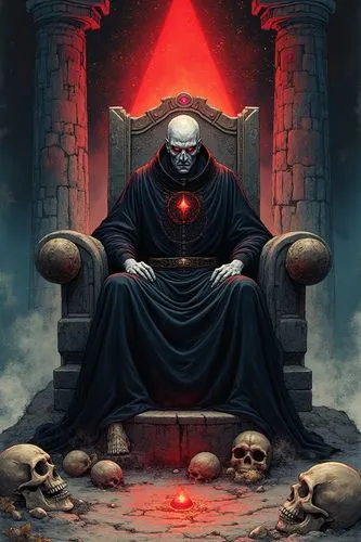 illustration, ink on paper, of a 80's fantasy occult card of a grim white skined necromancer, he is sitting on a large stone throne decorated with skulls, he has a menacing look and bright red eyes. h