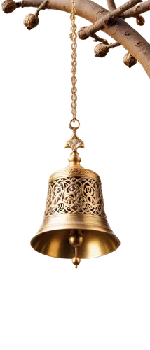 Golden bell, ornate details, intricate patterns, hanging from ceiling, soft lighting, 3/4 composition, shallow depth of field, warm color tone, cinematic lighting, close-up shot, metal material, smoot
