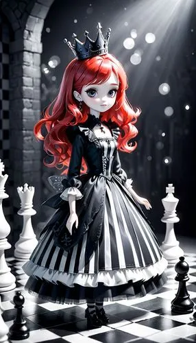 60s barbie doll in a black and white striped ballgown, red queen, chess,Red Queen,queen of hearts,black queen,marionette,chessboard,operetta,cinnabar,crown render,tumbling doll,ice queen,queen of the 