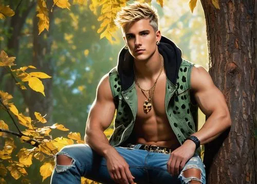 Anthropomorphic leopard, male, young adult, muscular build, short spiky hair, golden fur with black spots, piercing green eyes, nose ring, sleeveless hoodie, ripped denim jeans, bold belt buckle, sitt