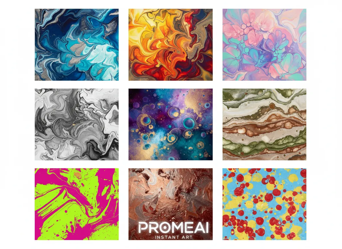 नौ अलग-अलग फ्लूइड ऐक्रेलिक्स आर्ट वेरिएशन का एक ग्रिड, जो PromeAI द्वारा तुरंत बनाए गए विभिन्न रंग संयोजनों और पैटर्न को प्रदर्शित करता है।