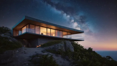 warm tropical architecture minimalist concrete cottage in top of a mountain with the stars of the night timelapse, high quality, 8k,cubic house,sky space concept,sky apartment,dunes house,cube house,h
