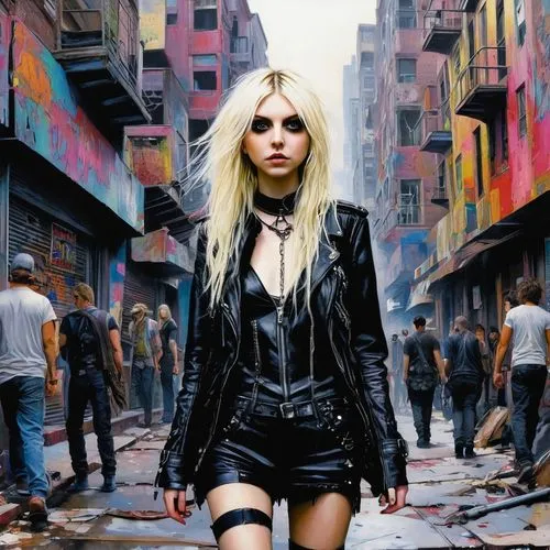 Taylor Momsen walking in a blodypunk city,momsen,loboda,formichetti,pallenberg,alexakis,underworld,decode,femme fatale,rock chick,leathered,tpr,spagna,bionic,domino,electropop,grimes,billie,blondie,zh