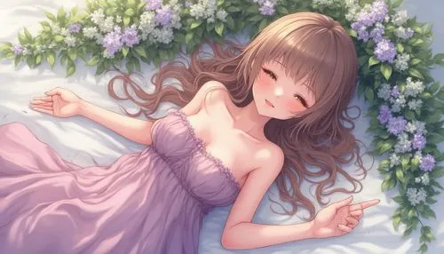 Image is a styled, artistic photograph featuring a young woman with fair skin and long, curly light brown hair. She is lying on a bed covered with white linens, surrounded by an arrangement of lush, g