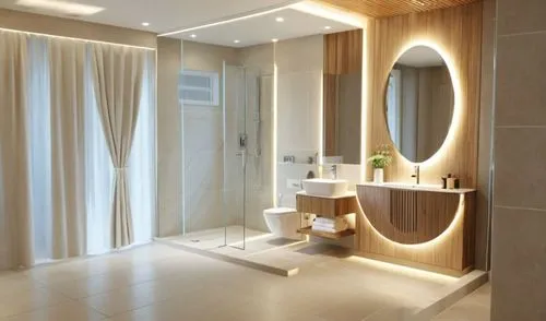 interior bathroom render, use light colors, add realistic  materials, add lighting, add decent room view, right side has louvers
,a clean bathroom with two sinks and round mirror,modern minimalist bat