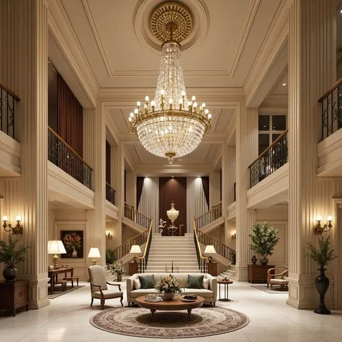 Ornate chandeliers, crystal droplets, gilded metalwork, soft warm glow, creamy white marble, rich wood paneling, grand staircases, sweeping archways, tall columns, intricate moldings, luxurious velvet