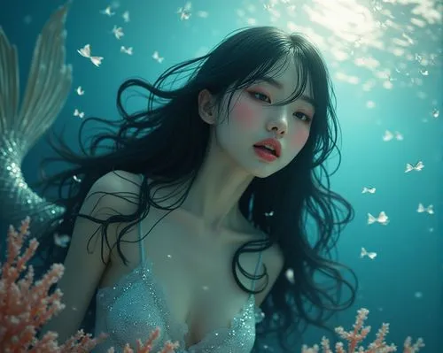 黑色長髮和魚尾的東方美人魚，皮膚白晰光滑，鱗片閃閃發光，在色彩鮮豔的珊瑚礁中歌唱，雷射透明pvc紋理，對稱的臉龐和美麗熱情的表情，頭髮上反射透明的虹彩顏色，高度細緻，華麗的神聖女孩，目光迷失在地平線，寫實的藝術風格，傑作，8k,a woman wearing mermaid tails with a dress underneath her,underwater background,mermai