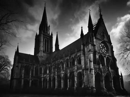 Contemporary Gothic architecture, grand cathedral, intricate stone carvings, pointed arches, ribbed vaults, flying buttresses, stained glass windows, eerie lighting, mysterious atmosphere, abandoned, 