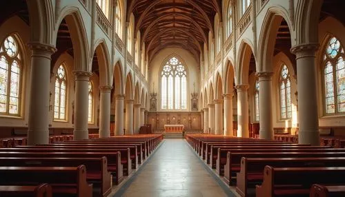 Elegant church interior, vaulted ceilings, grandiose archways, stained glass windows, ornate stone carvings, intricate wood furnishings, pews with red velvet upholstery, subtle color palette, warm bei