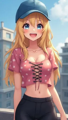 Image is a portrait-style photograph featuring a young woman standing outdoors. She has long, wavy blonde hair and is wearing a blue leather cap. Her skin is light, and she is smiling broadly, showing