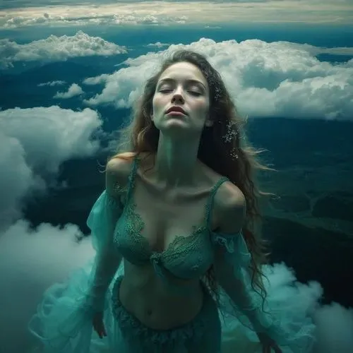 a woman in a blue  top stands in clouds,faerie,skyclad,vinoodh,dreamscapes,blue enchantress,faery