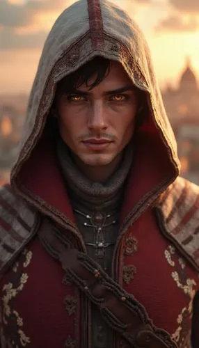 A highly detailed and realistic portrait of Ezio Auditore from Assassin's Creed, wearing his iconic red-and-white hooded robe with intricate embroidery details. Short dark hair, confident expression, 