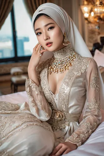 beautiful 20 year old Korean model, full body, beautiful, dress and expensive jewelry, wear hijabi, expensive low-cut dress, pouty lips, sharp-focus, very sharp, high-quality, color, unique, one image