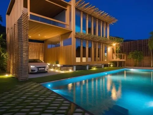 Una casa moderna de varios pisos hecha principalmente de madera clara y bambú, con extensos elementos de listones para dar sombra y atractivo estético. La casa está construida sobre pilotes en un exub