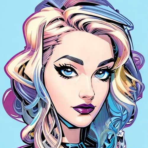 illustration, comic book, masterpiece, stylize bold ink lines, line art, chris bachalo art,  abstract background, looking at camera, up skirt, curly blonde hair with pastel highlights, blue eyes, dark