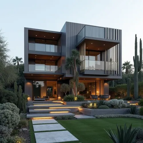 A hyper-realistic, high-resolution architectural photograph of a multi-level, contemporary luxury residence featuring a sleek, geometric design. The exterior is composed of smooth, matte charcoal-gray