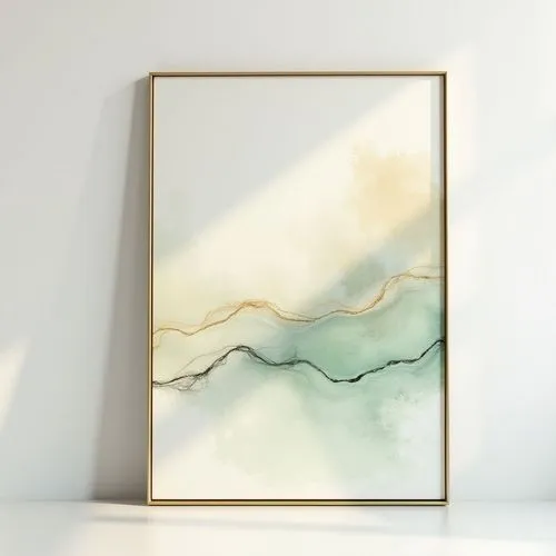 delicate elegant painting on white wall,pastel colors and gold and green and black , simple slim gold frame, frontview, vertical,lineart,abstract
,an art print on a white wall in a room,watercolor fra