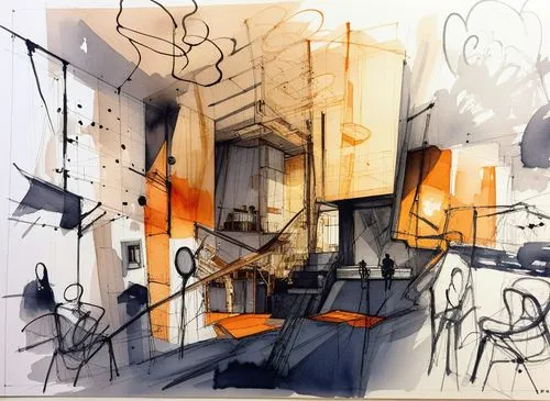this is an illustration of an architectural project in color,abstract cartoon art,pramono,pramote,tramonti,fragmentation,prama