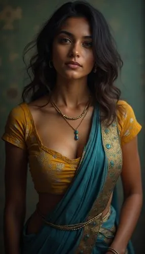 very sexy, Windage Indian blue color saree, yellow color blouse, with breast women, like a tamil actress thrisa, full 4k Quality  full body pose,,a very beautiful woman with dark hair and a yellow top