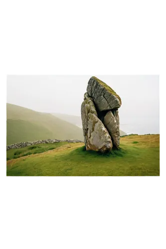 Emerald Isle landscape, rolling green hills, rugged coastline, ancient Celtic ruins, misty morning fog, solo standing stone monument, intricate knotwork patterns, warm golden lighting, high angle shot