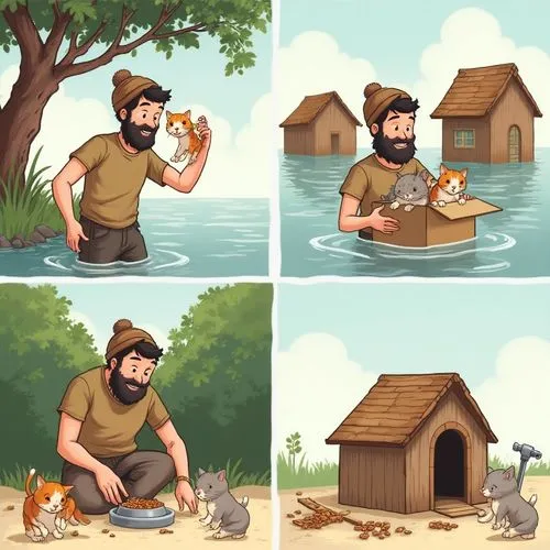 A four-panel cartoon depicts a man with light skin and an untrimmed black beard, wearing a brown beanie and a brown short-sleeved shirt, positively interacting with animals.

Top left: The man gently 
