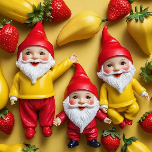 2 small plastic dolls, with a face and body made of plastic, wear a yellow shirt, wear red pants, wear a red fabric hat like a gnome's, and wear red shoes, sit on a large yellow banana, and laugh, hol