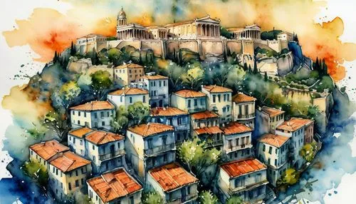  Old Athens City,  Conceptual Watercolor drawing,an aerial view of the acrylic buildings on top of the hill in acrid,dubrovnik city,korcula,houses clipart,watercolor paris,civita,kifissia,Illustration