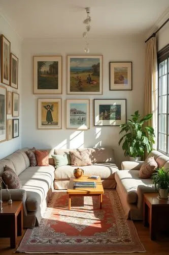 Picture this: A living room filled with classic artwork. The walls are decorated with 1:1 framed art, vintage advertisements, impressionist paintings, white walls with bright lights, earthy wooden tab