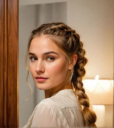 An illustration of a beautiful caucasian young woman with long brown hair and a braid, 21 years old, dressed in a white minidress with neckline, standing on her back with her head tilted backward, gaz