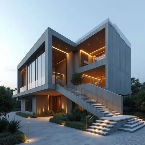 A hyper-realistic, high-resolution architectural photograph capturing a striking, multi-level contemporary home constructed primarily from smooth, exposed concrete. The design is characterized by dram