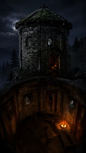 A night scene of a low stone tower with reinforced beams and a moss-covered green roof. Small observation slits are set into the stone walls. The interior features somber tapestries and a faint glow f