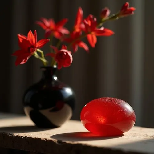 exclusive red chalk stone elegant decoration on table,delicate red flower in black vase
,red flowers are displayed in black vases on a wooden table,red plum,still life photography,ripe rose hips,red f