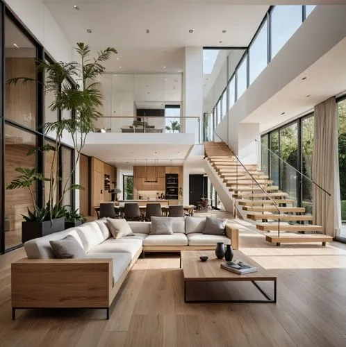 Use the uploaded sketch as the exact design reference.

Keep the original architecture unchanged. Preserve the floor plan, double-height living space, mezzanine, staircase position, window locations, 