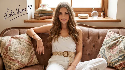 A striking fashion photograph depicts a glamorous young woman sitting centrally on an upholstered sofa. Her body is turned slightly toward the viewer, while her head faces forward with relaxed confide