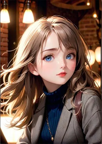 a stunning anime portrait of a beautiful young woman, 22 years old, with long brown hair, blue eyes, and red lips, wearing a gray jacket. She is seated in a cozy chair in an elegant, warmly lit restau