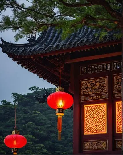 Traditional Taiwanese architecture, ornate roof tiles, curved eaves, intricate carvings, red lanterns, dragon motifs, wooden door gods, ornamental windows, Baroque-style facade, vibrant colors, night 