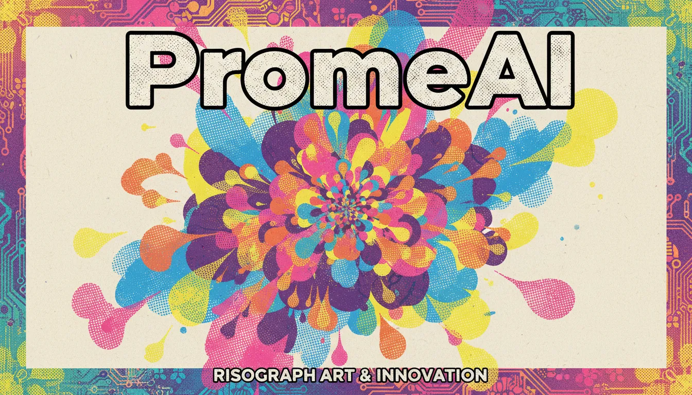 Un poster vivace e artistico creato con PromeAI, che mostra il caratteristico effetto Risograph di inchiostro stratificato e texture a mezzatinta su un soggetto astratto.