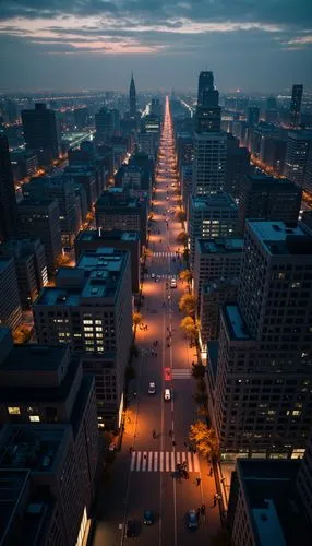 Aerial view, depth of field, elegance + epic + symmetrical + detailed +cravagio lighting style, Realism, movie lighting, neon lights, cities,8k,
,a large street in a big city at night,city at night,